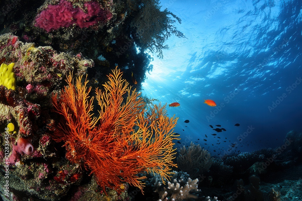 Obraz premium Vibrant coral reef with colorful marine life and sunlight.