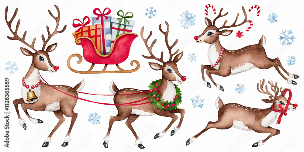 Fototapeta premium Cute Christmas Reindeer Pulling Santa s Sleigh with Gifts Snowflakes