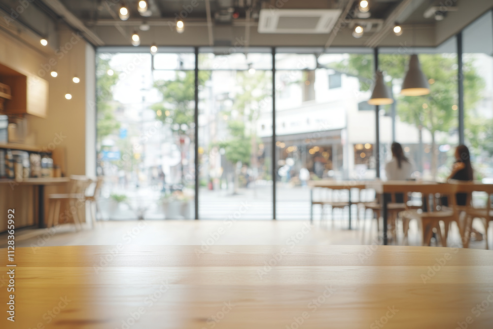 A close-up shot of an empty wooden table in the foreground, with chairs and tables blurred behind it. The background is a modern cafe interior with large windows, showcasing natural light.