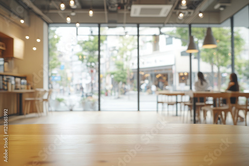 A close-up shot of an empty wooden table in the foreground, with chairs and tables blurred behind it. The background is a modern cafe interior with large windows, showcasing natural light.