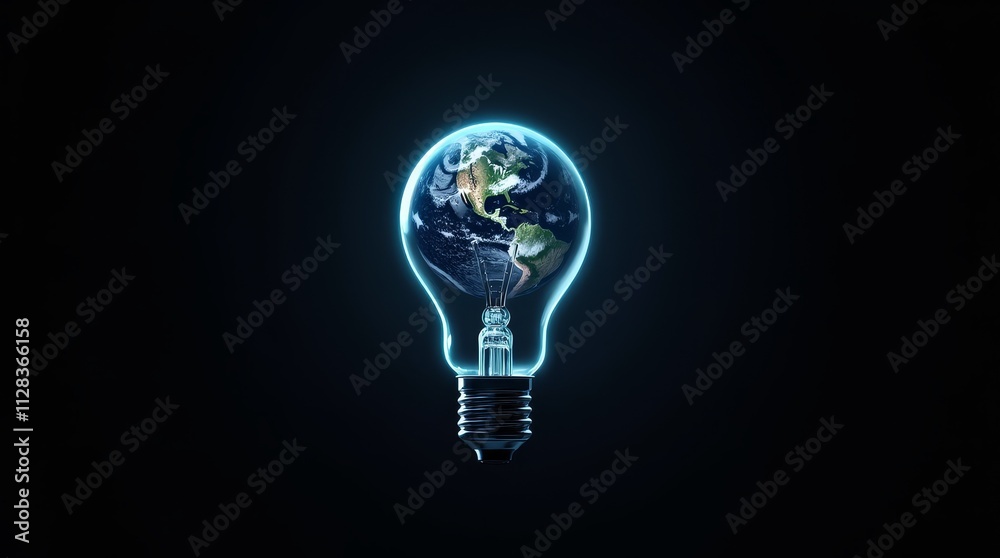 Planet Earth inside a glowing light bulb with blue neon outline on a dark background. Concept for energy, innovation, and ecology