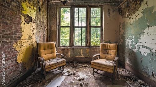 Two Worn Armchairs in a Decaying Room with a Window View