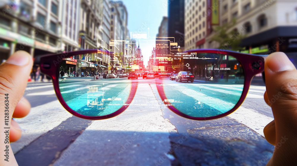 Exploring a Futuristic Urban Landscape Through Augmented Reality Glasses Filled With Digital Information and Vibrant City Life