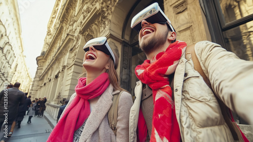 Exciting Adventure in the City With Augmented Reality Glasses and Two Joyful Young Men Experiencing Digital Life