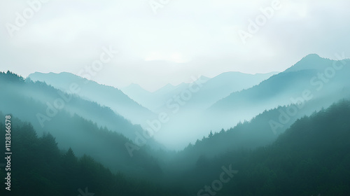 Foggy Mountain Landscape with Pine Trees at Sunrise