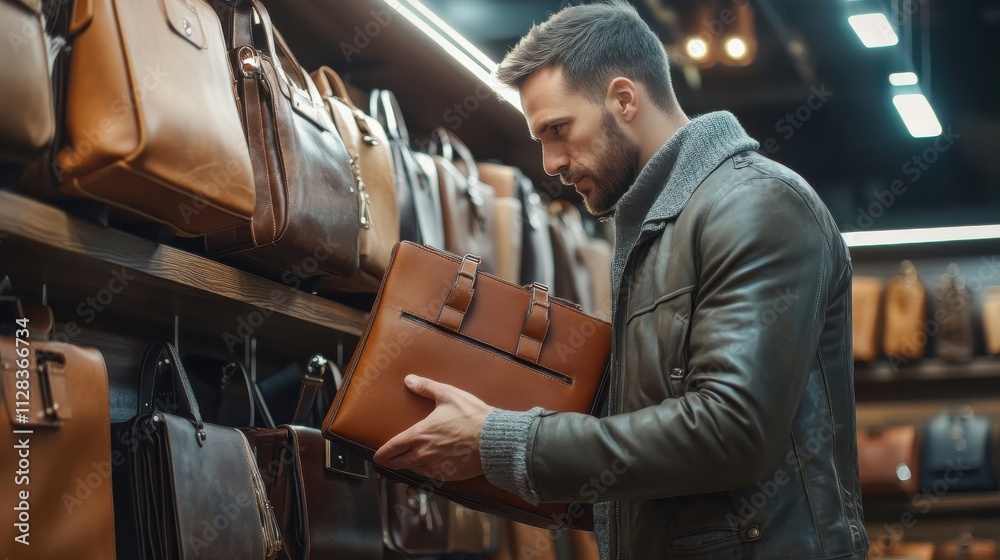 A man searching for a perfect leather briefcase at a luxury handbag section, looking determined A man searching for a perfect leather briefcase at a luxury handbag section, looking determined