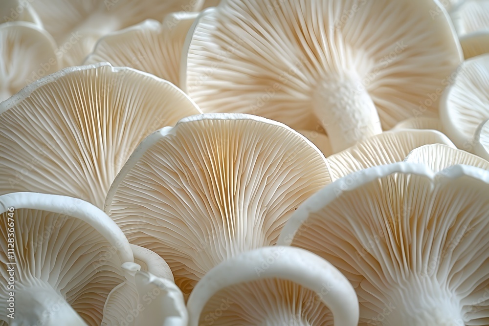 Close-Up of Fresh Oyster Mushrooms Displaying Delicate Gills Texture for Kitchen Decor and Food Concepts Close-Up of Fresh Oyster Mushrooms Displaying Delicate Gills Texture for Kitchen Decor and Food Concepts