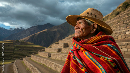 Elderly Quechua Man in Traditional Attire Overlooking Ancient Incan Terraces in the Andes.