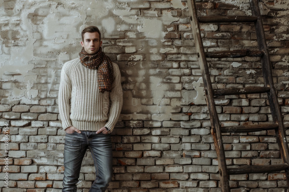 Stylish man in sweater jeans scarf near brick wall. Stylish man in sweater jeans scarf near brick wall.