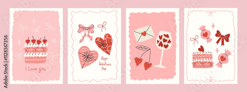 Valentine's day coquette cards, poster set with hand drawn doodle elements. Trendy cute design with whimsical frames, sweet cakes, love letter, gifts, bows, cherries. Perfect for cover, banner, ads.