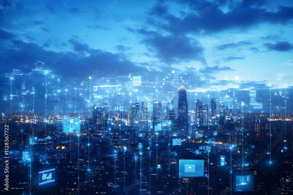 Futuristic cityscape with digital overlays representing technology and data flow. Futuristic cityscape with digital overlays representing technology and data flow.