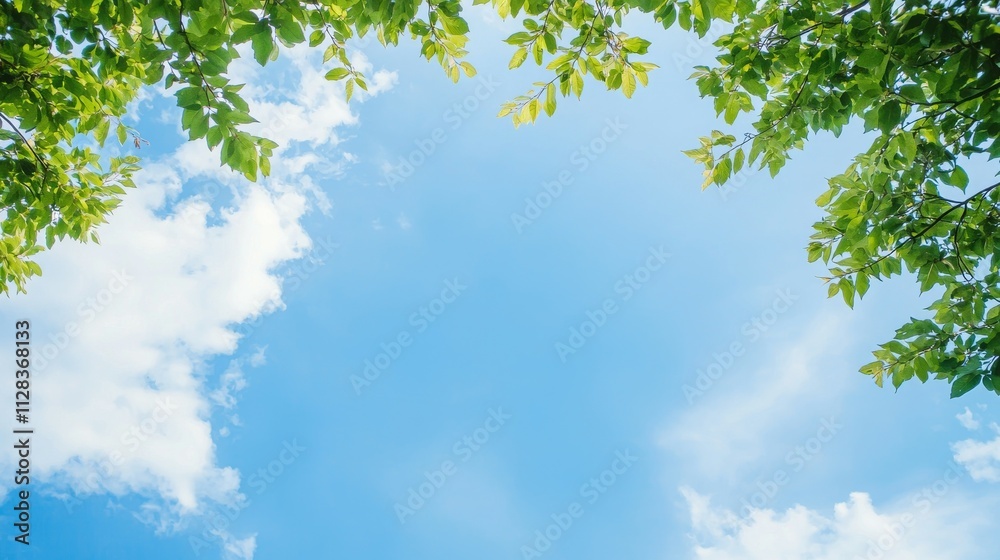 A serene view of the sky framed by lush green leaves. A serene view of the sky framed by lush green leaves.
