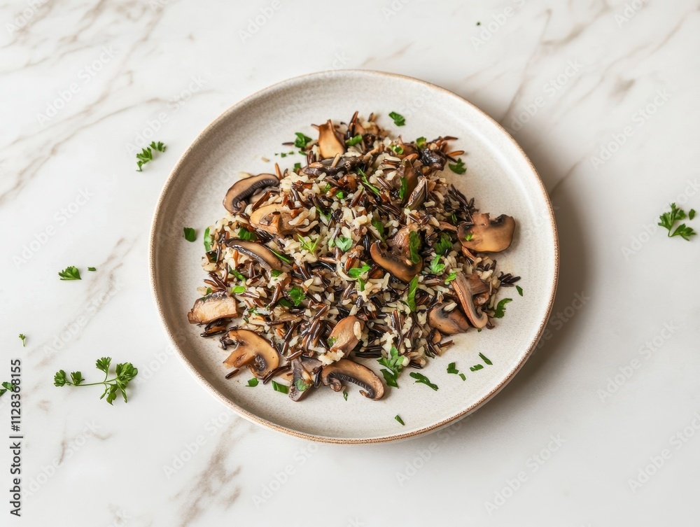 A plate of wild rice mixed with mushrooms and garnished with herbs. A plate of wild rice mixed with mushrooms and garnished with herbs.