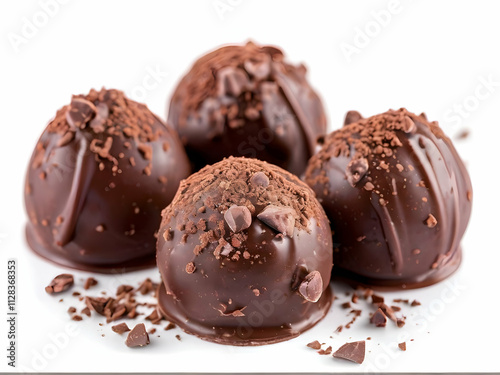 Decadent dark chocolate truffles, isolated on a pristine white background