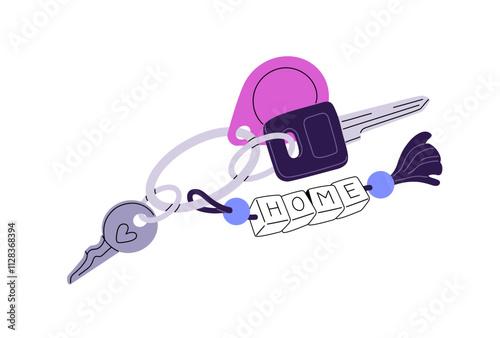 Different steel keys hanging on keyring with trinket. Keychain, bunch from home or office. Keyfob, keyholder to lock and unlock house, doorphone. Flat isolated vector illustration on white background