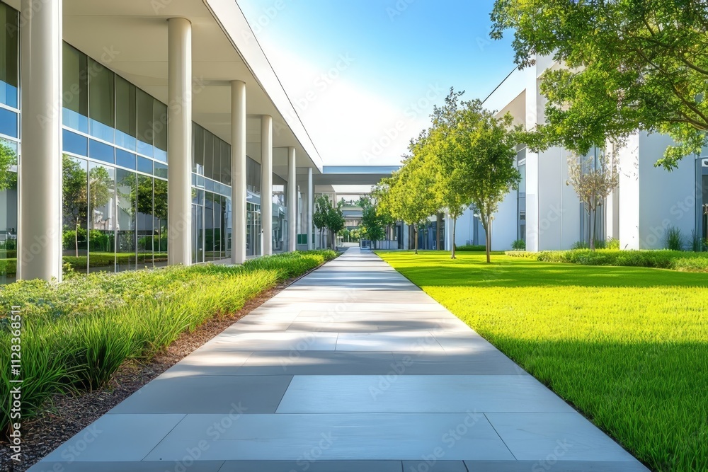 Pathway lined with greenery leads through modern buildings in bright daylight Pathway lined with greenery leads through modern buildings in bright daylight
