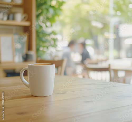 White coffee mug on a wooden table in a modern cafe, with blurred young couple and a green plant in the background. The natural lighting creates a bokeh effect, cinematic style.