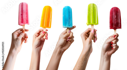 Collection set of hand holding colourful Ice popsicle lolly ice cream on transparent background cutout, PNG file. Many different flavour. Mockup template for artwork graphic design