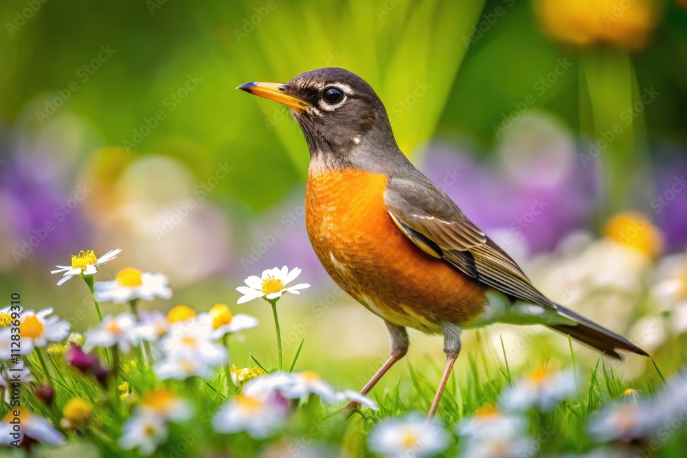 Spring Robin Drone Photo: Abundant American Robin Foraging in North America Spring Robin Drone Photo: Abundant American Robin Foraging in North America