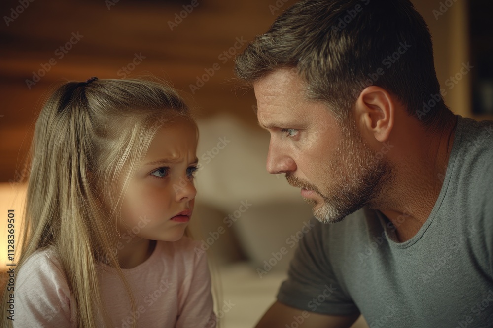 Father and daughter having a serious conversation. Illustrates conflict resolution, family dynamics, and emotional communication.