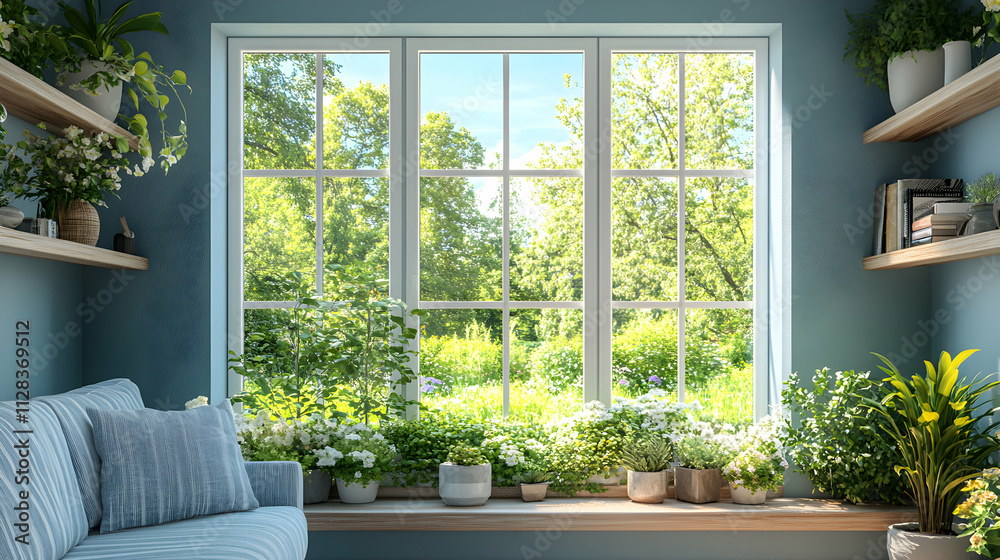 Serene Room with Window View, Plants Frame Sunny Garden, Brightening the Space with Natural Light and Greenery. Serene Room with Window View, Plants Frame Sunny Garden, Brightening the Space with Natural Light and Greenery.