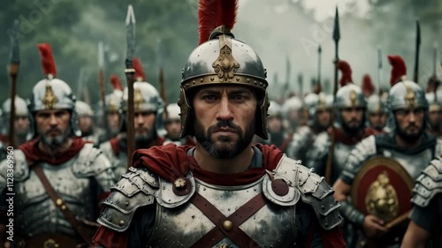 A cinematic depiction of a group of antiquity armored soldiers in formation