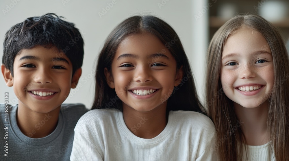 Closeup of three diverse children, a South Asian boy with a cheerful smile and medium-length hair, a Black girl with a bright grin and curly hair Closeup of three diverse children, a South Asian boy with a cheerful smile and medium-length hair, a Black girl with a bright grin and curly hair