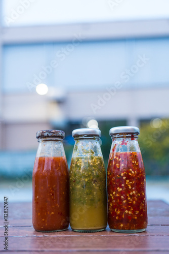 Three bottles of various dipping for mookata a spicy dipping sauce on wood table photo