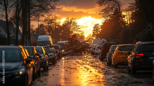 Sunset on a City Street: Vehicles Stuck Under Fallen Trees Amidst Traffic Jam photo