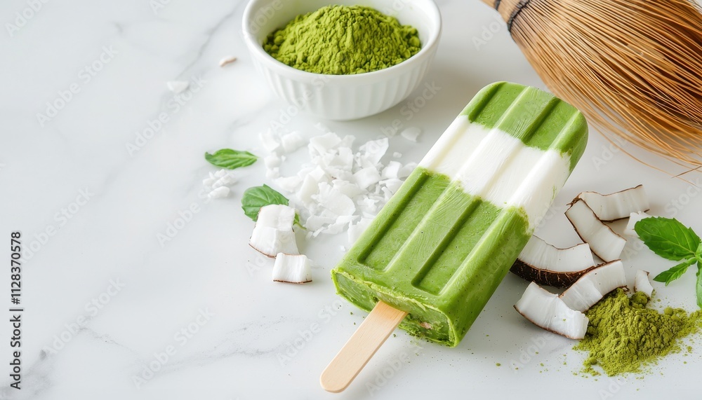 Matcha coconut ice cream concept. Green matcha popsicle with coconut and powdered ingredients on a marble surface. Matcha coconut ice cream concept. Green matcha popsicle with coconut and powdered ingredients on a marble surface.