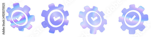 Set of 4 3d glass tick mark in a gear shape with aberration effect isolated on a transparent background. Blue tone. 3d transparent elements for graphic design.