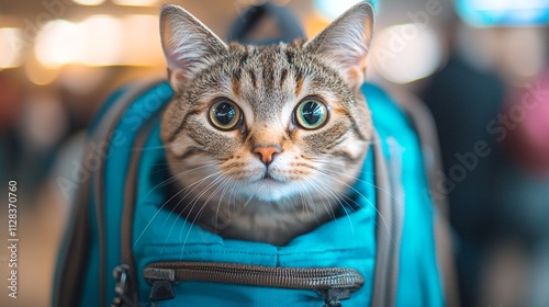 Curious Feline Peering Out from Vibrant Blue Backpack Amidst Blurred Figures of People.