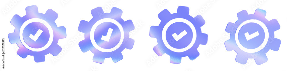 Set of 4 3d glass tick mark in a gear shape with aberration effect isolated on a transparent background. Blue tone. 3d transparent elements for graphic design. Set of 4 3d glass tick mark in a gear shape with aberration effect isolated on a transparent background. Blue tone. 3d transparent elements for graphic design.