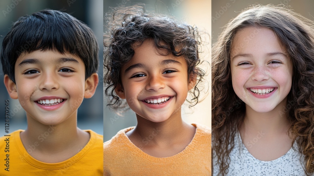 Closeup of three diverse children, a South Asian boy with a playful grin and short hair, a Black girl with a joyful smile and medium-length hair Closeup of three diverse children, a South Asian boy with a playful grin and short hair, a Black girl with a joyful smile and medium-length hair
