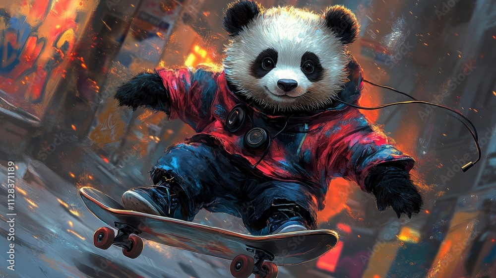 Cool Panda Skateboarding in Urban Setting Cool Panda Skateboarding in Urban Setting