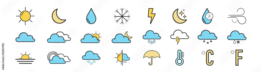 Weather editable stroke outline icons set. Weather forecast icons set, meteorology forecast day. Contains such icons as Wind, Blizzard, Sun, Rain and more. 