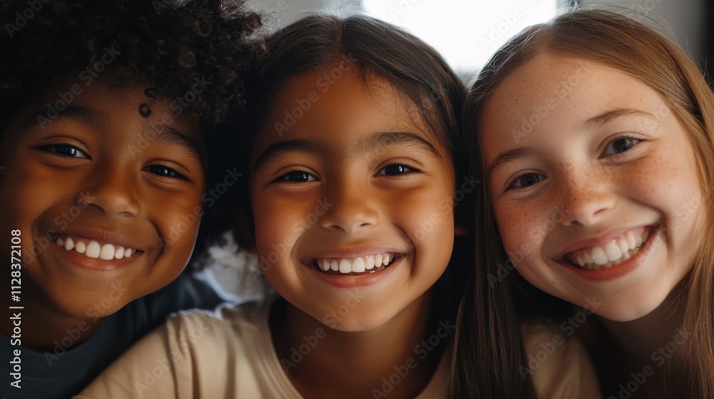 Closeup of three diverse children, a South Asian boy with a radiant grin and short curly hair, a Black girl with a cheerful expression and medium-length hair Closeup of three diverse children, a South Asian boy with a radiant grin and short curly hair, a Black girl with a cheerful expression and medium-length hair