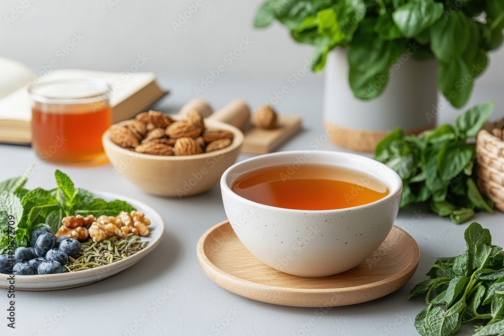 Relaxing evening with herbal tea cozy reading nook home calm ambience close-up view tranquility and self-care concept