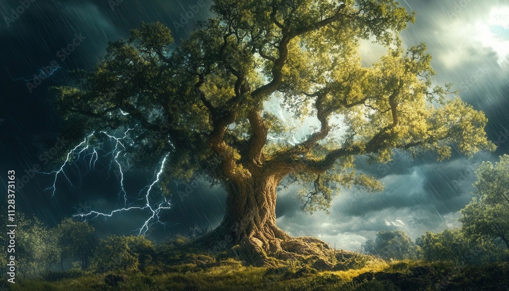 Ancient oak tree standing alone in a storm, its wide branches showcasing strength against natures fury Ancient oak tree standing alone in a storm, its wide branches showcasing strength against natures fury