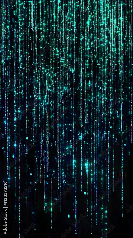 A background of glowing blue and green lights on black, creating an abstract digital rain effect