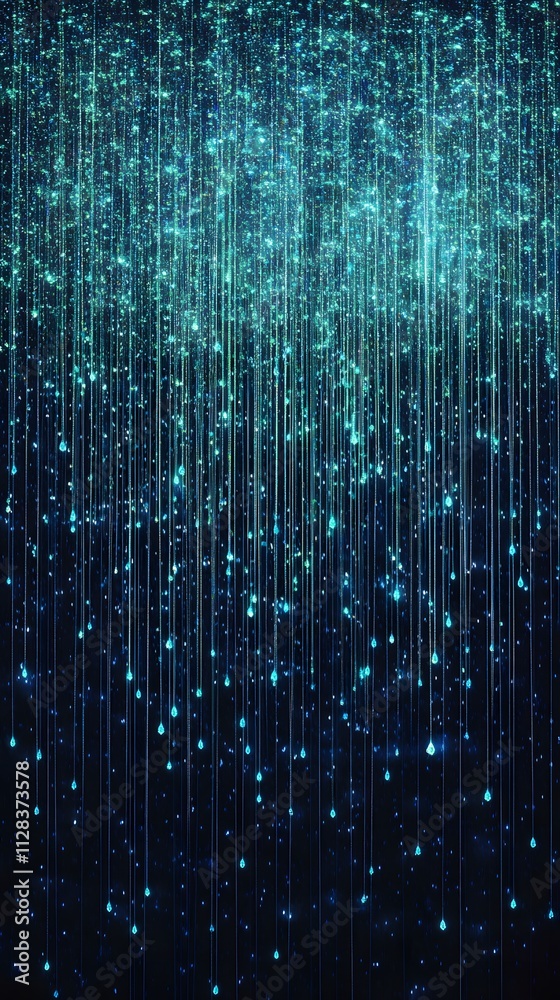A background of glowing blue and green lights on black, creating an abstract digital rain effect