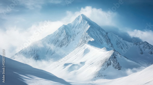 Cold mountain peak, surrounded by swirling snow and icy winds, evoking a sense of adventure