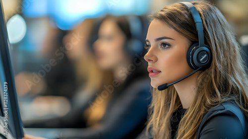 Focused Customer Service Agent Wearing Headset, Providing Excellent Support and Assistance to Clients, Efficiently Handling Inquiries and Resolving Issues