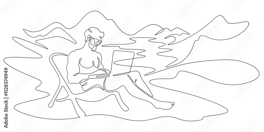 Fototapeta premium Continuous one line drawing handsome man with laptop.Athletic man working remotely on computer in nature in summer.Beautiful landscape. One continuous line isolated minimal illustration.Not AI.
