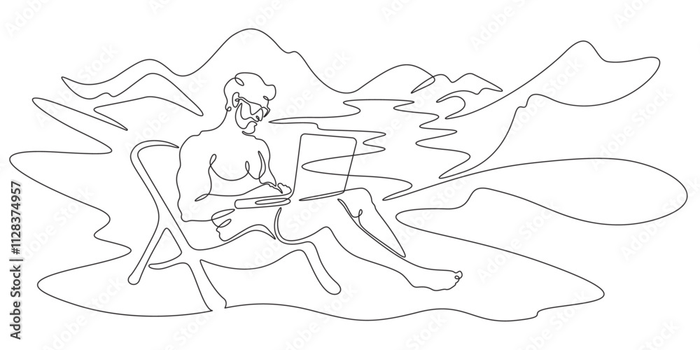 Continuous one line drawing handsome man with laptop.Athletic man working remotely on computer in nature in summer.Beautiful landscape. One continuous line isolated minimal illustration.Not AI. Continuous one line drawing handsome man with laptop.Athletic man working remotely on computer in nature in summer.Beautiful landscape. One continuous line isolated minimal illustration.Not AI.