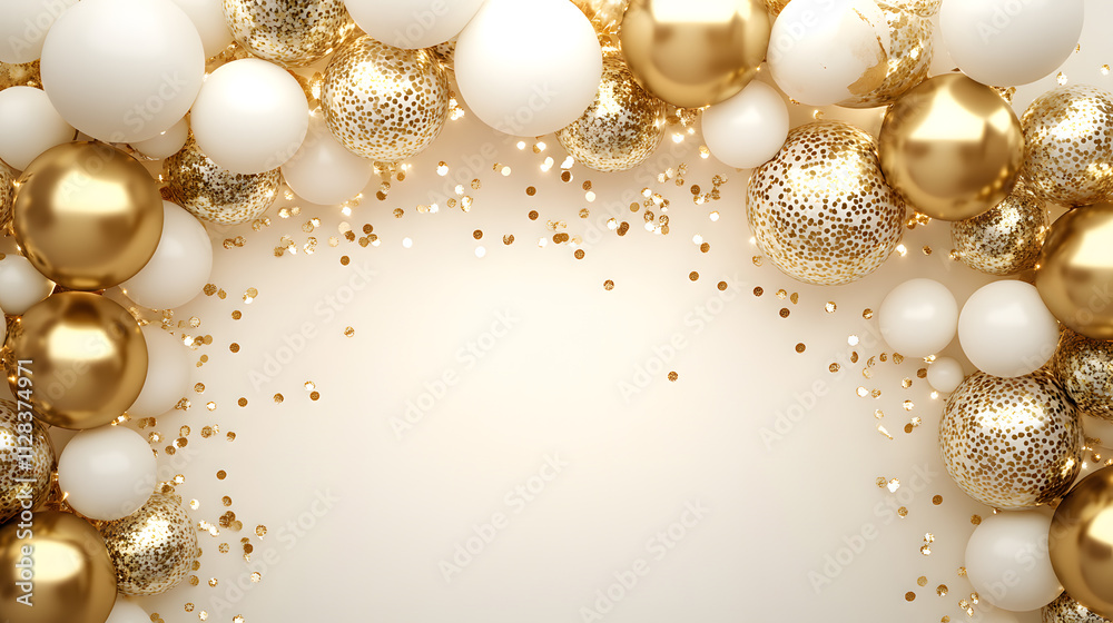 Gorgeous gold and white balloons and confetti create a festive and elegant backdrop. Gorgeous gold and white balloons and confetti create a festive and elegant backdrop.