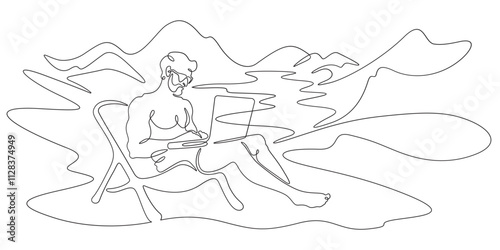 Continuous one line drawing handsome man with laptop.Athletic man working remotely on computer in nature in summer.Beautiful landscape.  One continuous line isolated minimal illustration.Not AI.