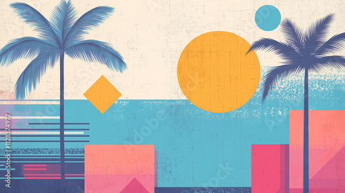 Vibrant and colorful 80s Miami Style Graffiti horizontal background with Palms, geometric shapes  and Copy Space.	