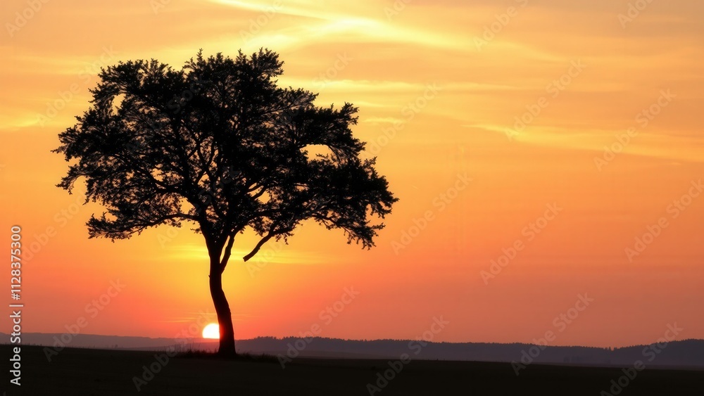 Fototapeta premium Sunset Silhouette: A Single Tree Against a Vibrant Orange Sky, Perfect for Nature Lovers and Home Decor