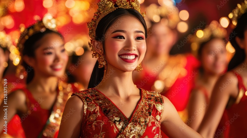 A vibrant collage of Asian dancers smiling warmly against bright red and gold settings A vibrant collage of Asian dancers smiling warmly against bright red and gold settings